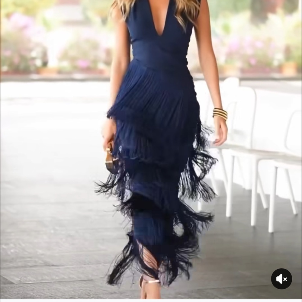 Fun tasseled blue evening dress size 16